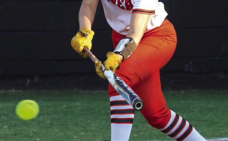 Cushing Lady Tiger Alyssa Roe lays down a textbook bunt against the Mannford Lady Pirates last week. Photo by Allie Prater