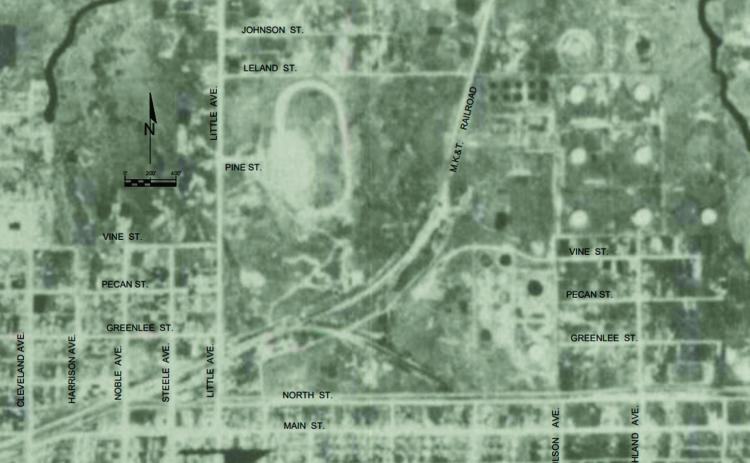 Aerial photo depicting Cushing Speedway from 1938.