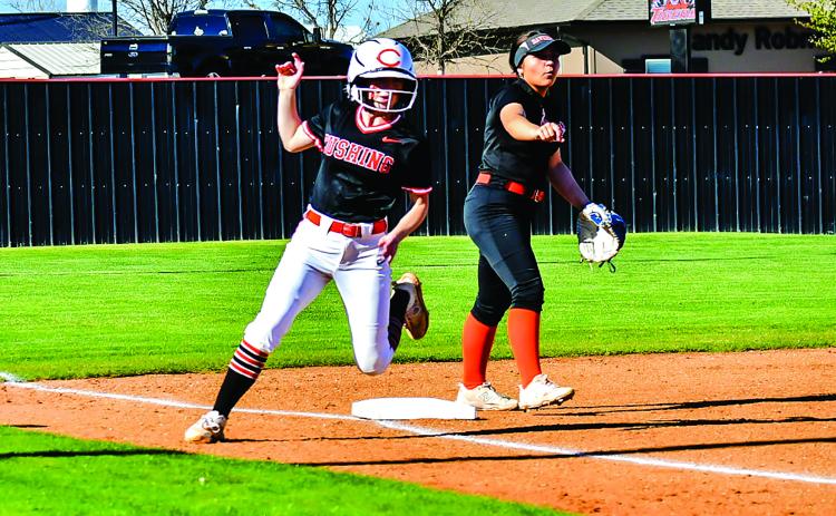 Maya Bridgeman holds at third base after any Tiger Romy Withiam singles. Photo by Sarah Townes