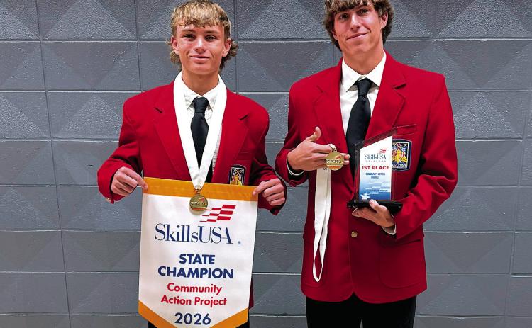 A Central Tech team earned first place during the 2026 Oklahoma State SkillsUSA competition with their Community Action Project recently. Pictured are team-members Peyton Sims from Mannford and Cayden Lewis from Yale. The team will now move on to compete at the National SkillsUSA contest in Atlanta, GA the week of June 1-5