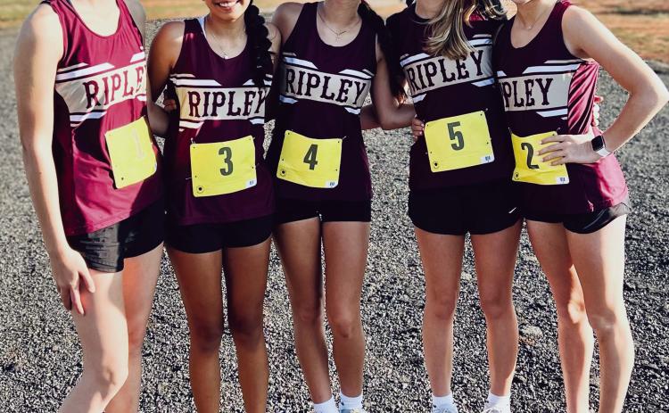 Ripley High School Cross Country girls team coached by Nancy Scott finished 5th in the Henryetta Class 2A Regional and qualified for the State Cross Country Meet to be held Saturday, Oct. 28 at Edmond Santa Fe High School. Pictured from left: Matilda Finch, Jashia Ferretiz, Myiah Forte, Callie Hammond, and Madison Chesley.